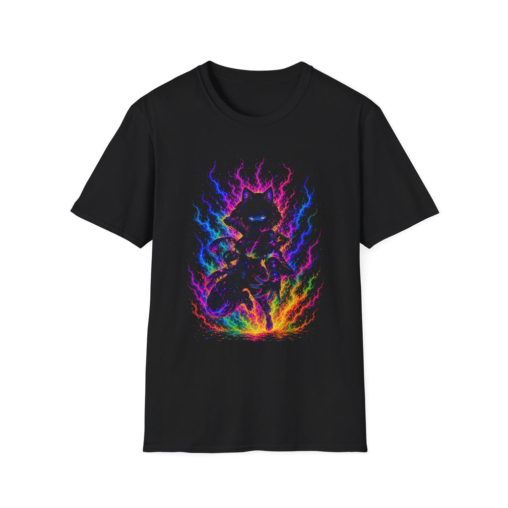 Mystical Neon Cat T-Shirt — Psychedelic Flames Graphic Tee