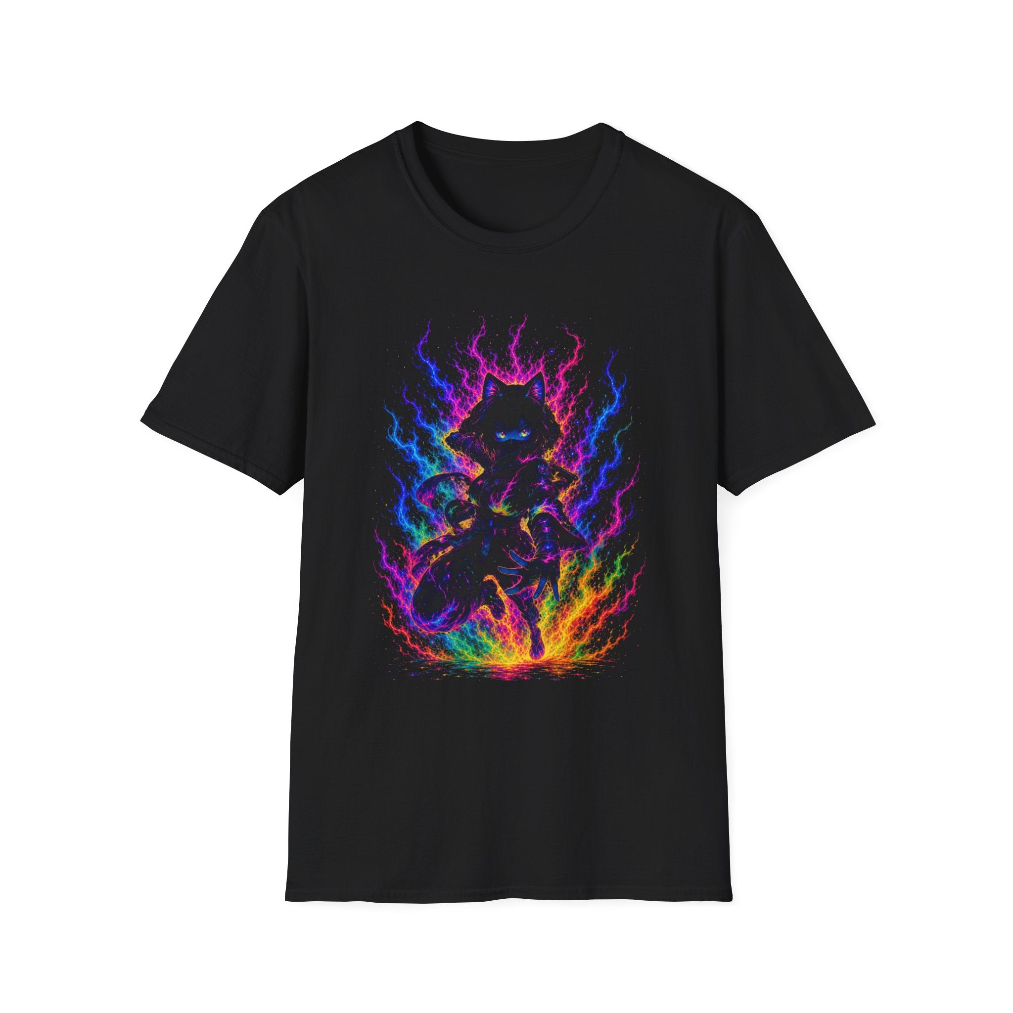 Mystical Neon Cat T-Shirt — Psychedelic Flames Graphic Tee