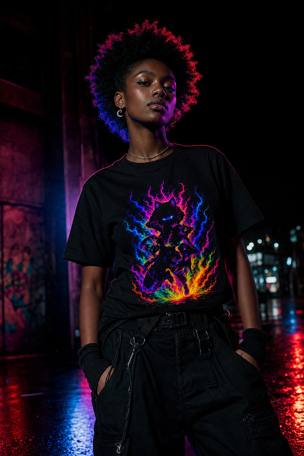 Mystical Neon Cat T-Shirt — Psychedelic Flames Graphic Tee