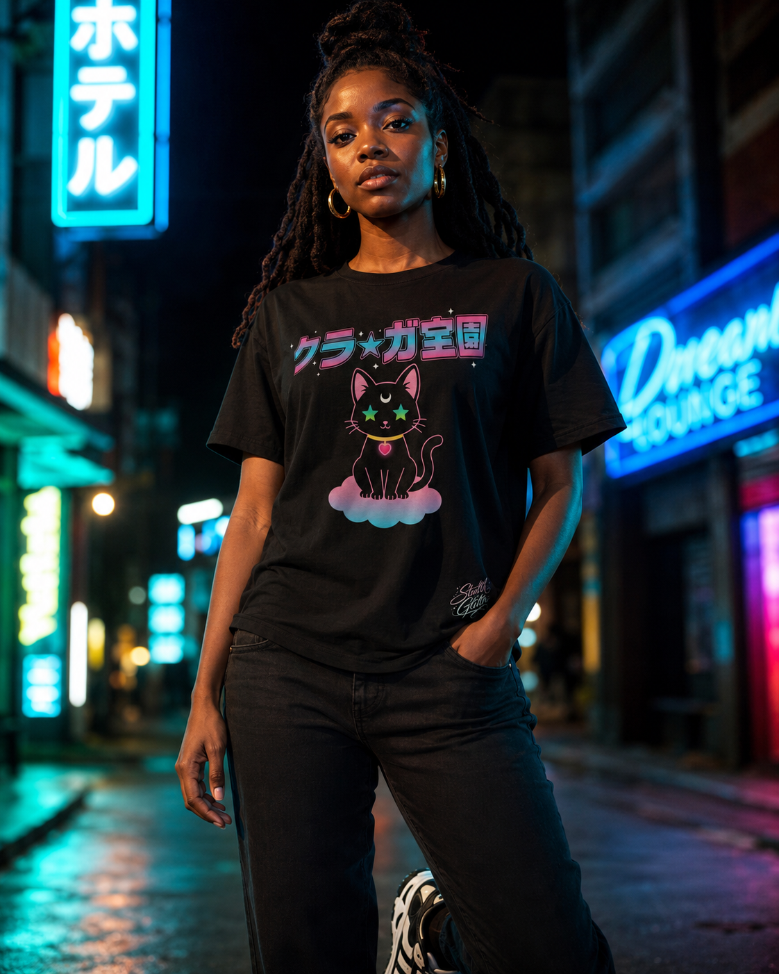 Kura☆Gakuen Neon Cat Cloud - Fitted Tee