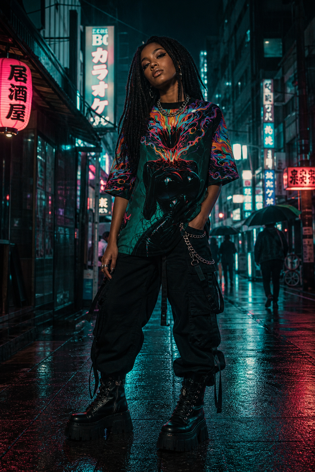 Stealth & Glitter – Heavy Cotton Tee – Neon Flame Head Silhouette Design