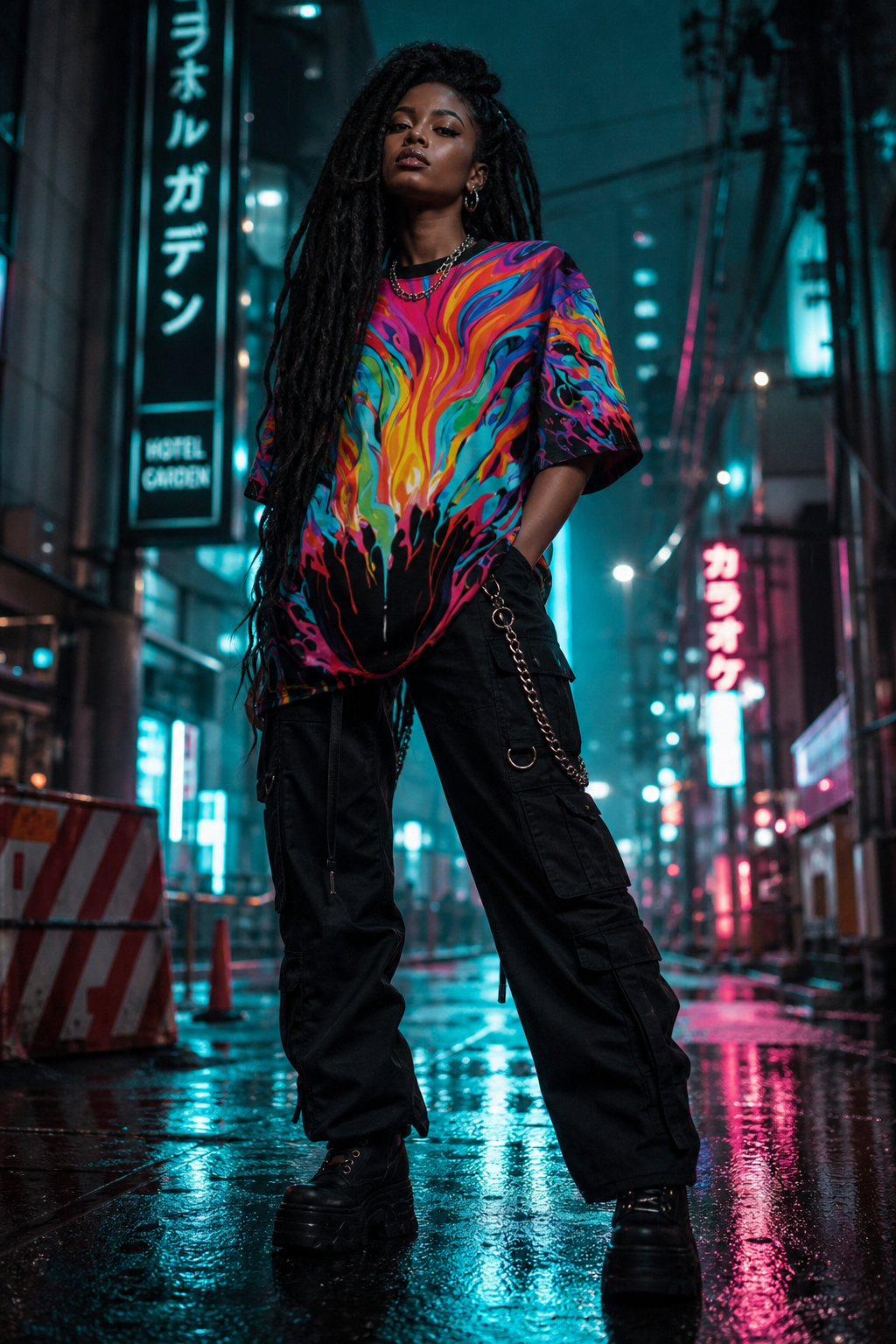 Stealth & Glitter – Heavy Cotton Tee – Neon Flame Head Silhouette Design